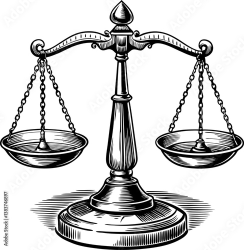 Sketched Scale of Justice Vintage Balance Symbol in Black and White  Illustration