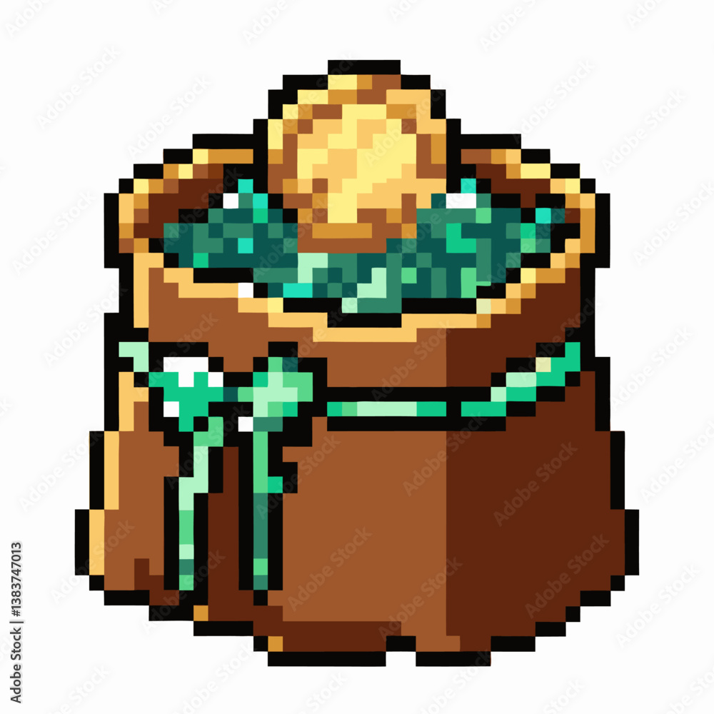 Fototapeta premium Retro Pixel Art Coin Bag Filled with Gold and Gems for Gaming Design