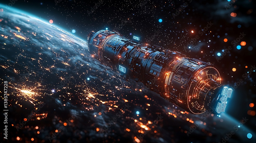 A futuristic 5G satellite in Earth's orbit, emitting high-frequency waves towards a global network of smart cities, illuminated against the dark space background with glowing blue signals A futuristic 5G satellite in Earth's orbit, emitting high-frequency waves towards a global network of smart cities, illuminated against the dark space background with glowing blue signals