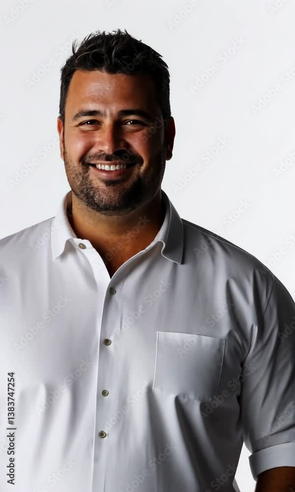 A man in a white shirt and black pants is smiling. He is wearing a white shirt with a pocket and a black belt A man in a white shirt and black pants is smiling. He is wearing a white shirt with a pocket and a black belt