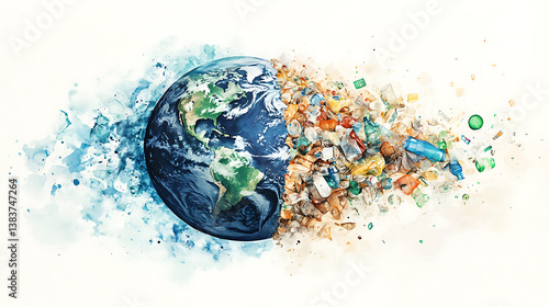 Fototapeta Naklejka Na Ścianę i Meble -  Watercolor poster illustration for earth day with one half of planet earth full of plastic waste