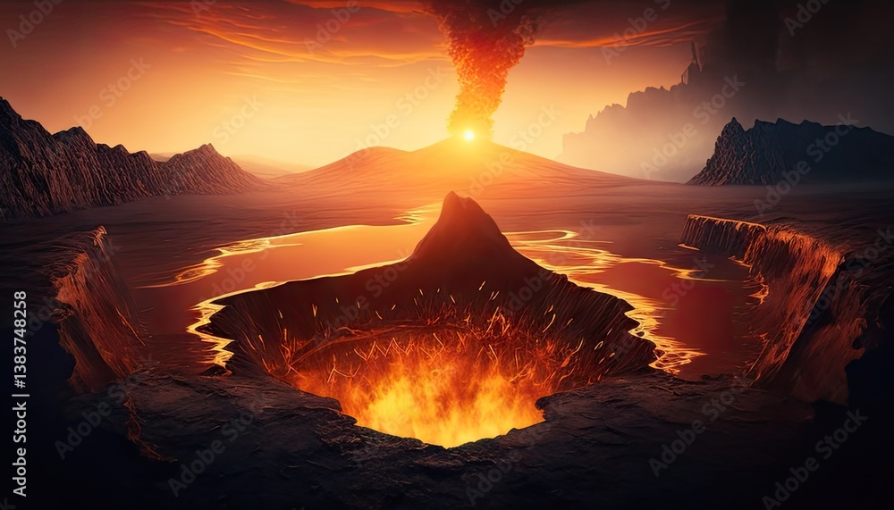 Fototapeta premium Volcano erupts, sunrise over caldera. Crater glowing, desolate landscape, mountains in distance, smoky sky