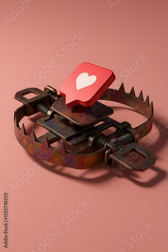 The Social Media Trap - Close-up shot of a 3D rendered image depicting a rusty metal bear trap with a stylized red heart-shaped icon, suggestive of a social media 