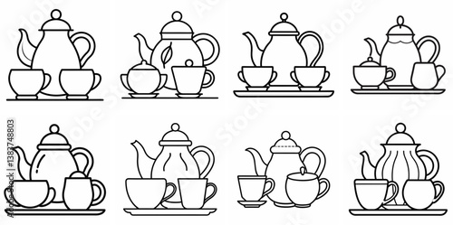 Tea Set Outline Coloring Book Page Line Art Drawing Set