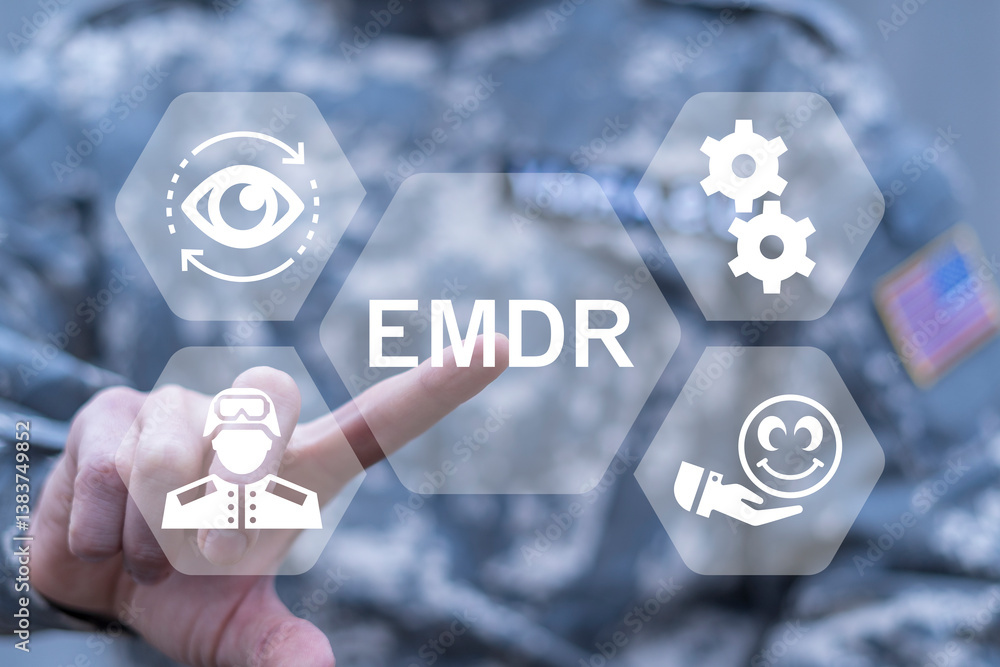 EMDR or Eye Movement Desensitization Reprocessing Therapy PTSD Military Concept. Soldier or veteran using virtual touch screen push text: EMDR.