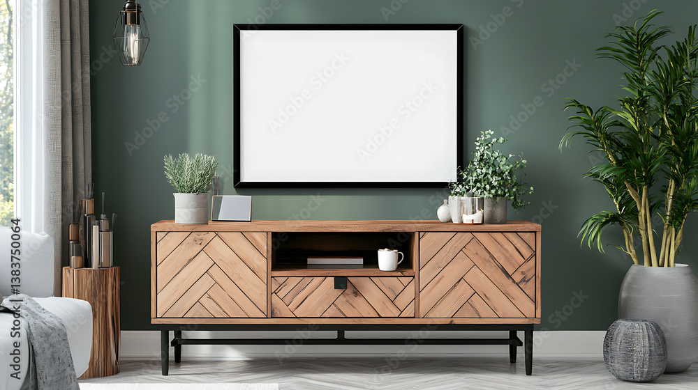 Wooden cabinet with mock up blank frame on it, scandinavian interior design of modern living room Wooden cabinet with mock up blank frame on it, scandinavian interior design of modern living room