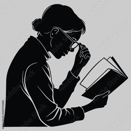 a person adjusting their glasses while reading a book silhouette vector design art and illustration