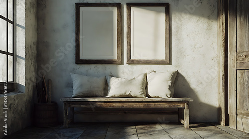 Wallpaper Mural Wooden rustic bench with pillows against wall with two poster frames, country farmhouse interior design of modern home entryway Torontodigital.ca