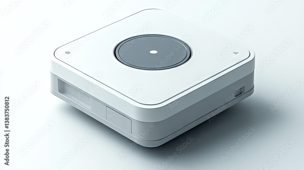 White square device on white. Clean design on smooth surface. Modern technology shot