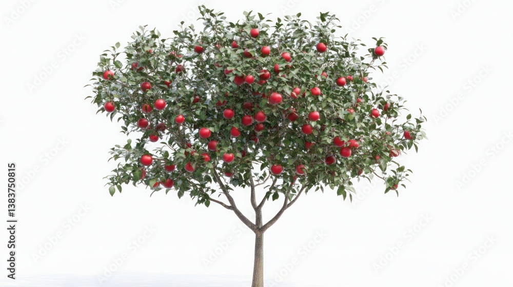 Abundant red apples on a tree, white background, orchard, healthy harvest Abundant red apples on a tree, white background, orchard, healthy harvest