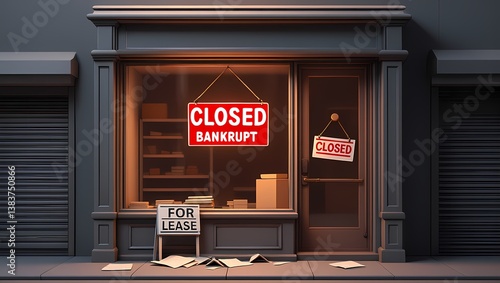 Abandoned Storefront with Bankruptcy Signs and For Lease Notification
