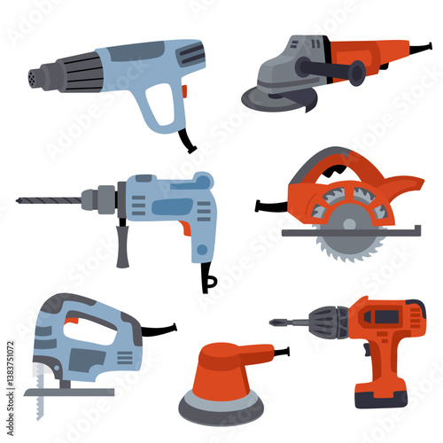 Hand drawn flat illustration of a power tools set, featuring a heat gun, angle grinder, electric drill, circular saw, jigsaw, orbital sander, and electric screwdriver