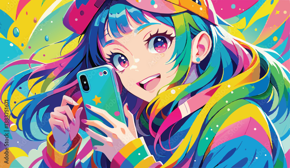 Fototapeta premium A vibrant, colorful illustration of a young girl with rainbow-colored hair, wearing a playful cap, holding a phone, smiling cheerfully, with a bright, anime-style background full of bold colors