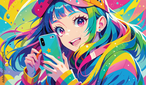 A vibrant, colorful illustration of a young girl with rainbow-colored hair, wearing a playful cap, holding a phone, smiling cheerfully, with a bright, anime-style background full of bold colors
