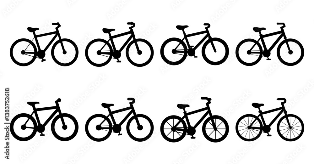 Collection of Eight Black Silhouette Bicycle Illustrations on White Background Collection of Eight Black Silhouette Bicycle Illustrations on White Background