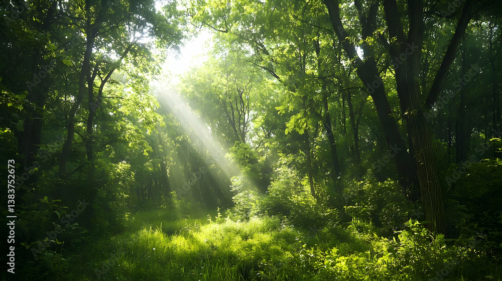 Fototapeta premium Sunlight Streams Through Lush Green Forest