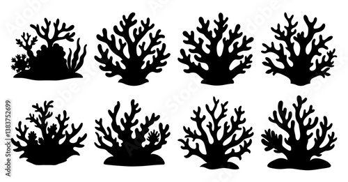 Collection of eight black silhouettes of various coral reef plants and seaweeds on a white background