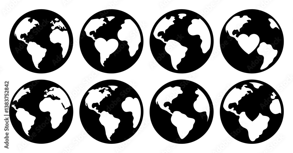 Obraz premium Collection of eight black and white earth globe icons some with a heart shape in the center representing love for the planet