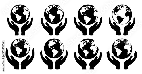 Eight variations of a black and white illustration showing cupped hands gently holding a globe of the Earth