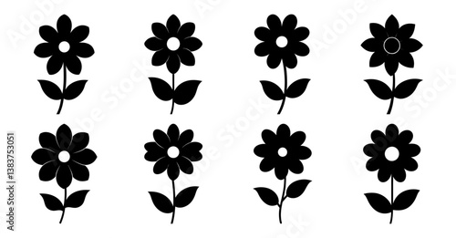 Collection of eight simple black flower icons with variations in petal and center detail, perfect for spring or summer designs and various applications