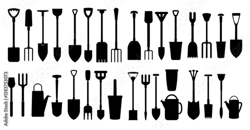 Collection of gardening tools silhouettes showing various types of spades shovels forks rakes and watering cans