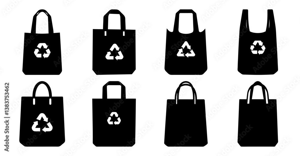 Collection of eight different reusable shopping bags with recycling symbol. Ecofriendly, sustainable, and environmentally conscious designs. Collection of eight different reusable shopping bags with recycling symbol. Ecofriendly, sustainable, and environmentally conscious designs.
