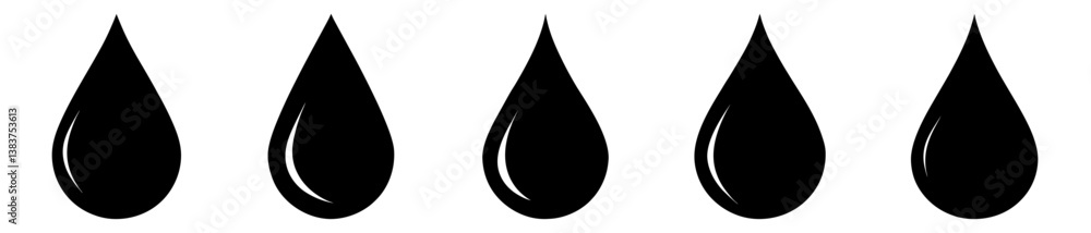 Collection of five black droplet icons on white background, simple and minimalist design, perfect for various applications. Collection of five black droplet icons on white background, simple and minimalist design, perfect for various applications.