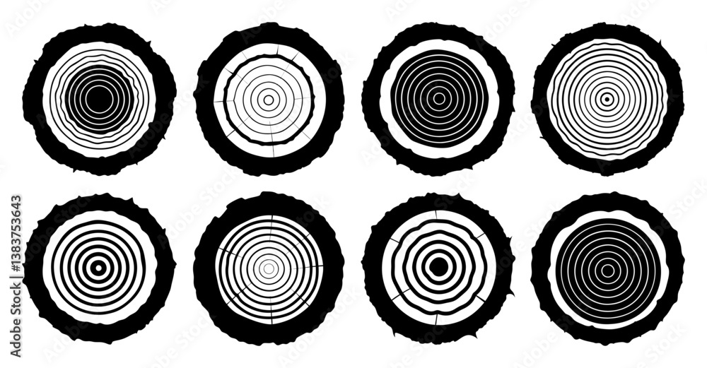 Collection of eight black and white illustrations of tree rings cross sections showing concentric circles pattern Collection of eight black and white illustrations of tree rings cross sections showing concentric circles pattern