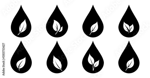 Collection of eight black water drop icons each containing a white leaf or two leaves symbolizing natural hydration or ecofriendly products