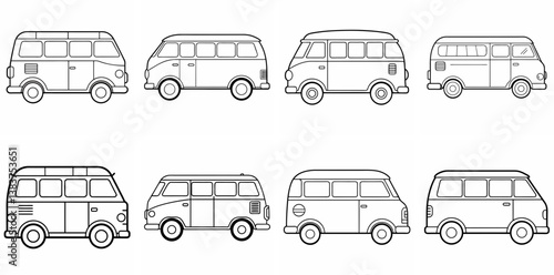 Van Outline Coloring Book Page Line Art Drawing Set