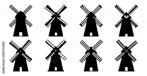 Collection of eight black windmill icons isolated on white background different styles and shapes of windmills