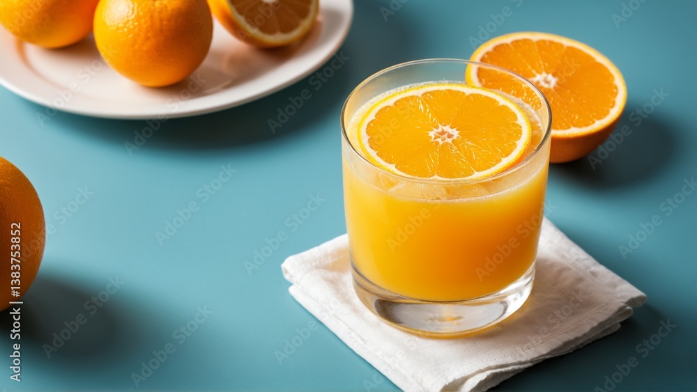 A Refreshing Glass of Freshly Squeezed Orange Juice Surrounded by Ripe Oranges on a Tranquil Blue Surface. A Refreshing Glass of Freshly Squeezed Orange Juice Surrounded by Ripe Oranges on a Tranquil Blue Surface.