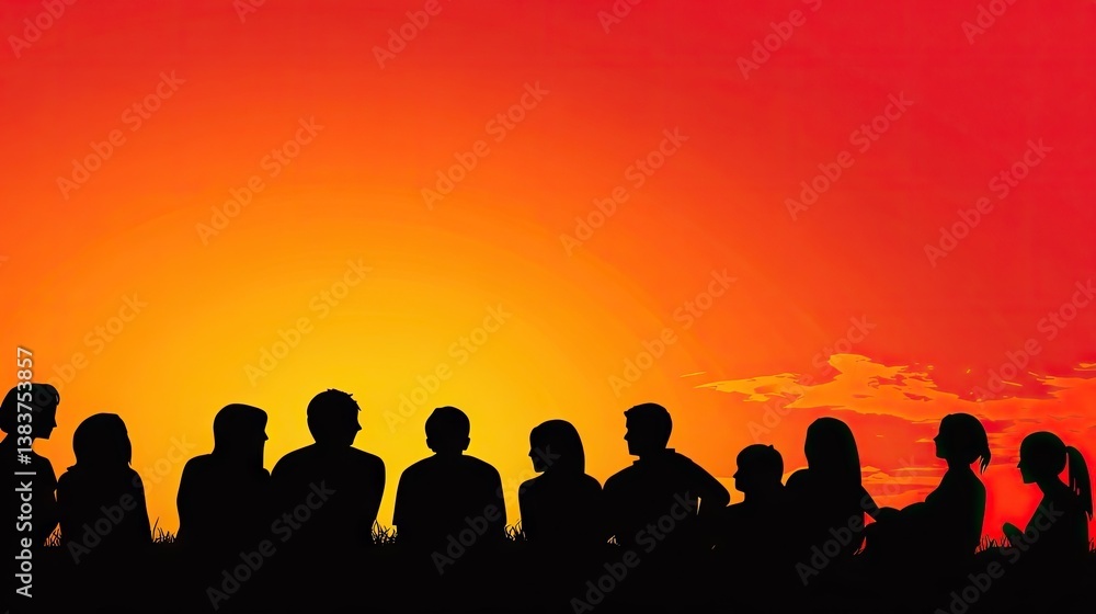 Silhouette of a large group of people enjoying a sunset Silhouette of a large group of people enjoying a sunset