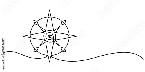Continuous one line drawing of traveller compass. One line drawing illustration of compass navigate and adventure. Navigation, direction, journey concept line art. Editable outline, Magnetic compass.
