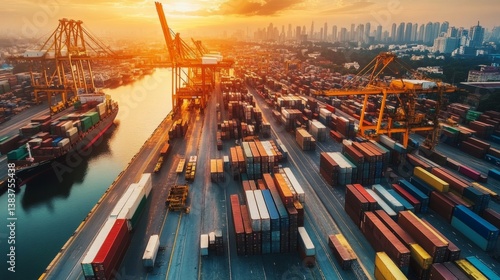 Cargo operations at dusk port city aerial view industrial scene urban environment global trade
