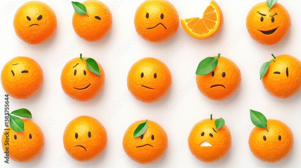 Happy and sad oranges on white background, food mood concept, stock photo Happy and sad oranges on white background, food mood concept, stock photo