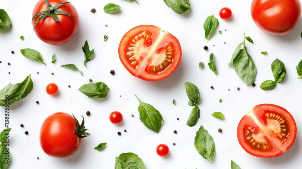 Arrangement of Fresh Tomatoes Basil and Black Pepper on White Background Arrangement of Fresh Tomatoes Basil and Black Pepper on White Background