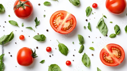 Arrangement of Fresh Tomatoes Basil and Black Pepper on White Background