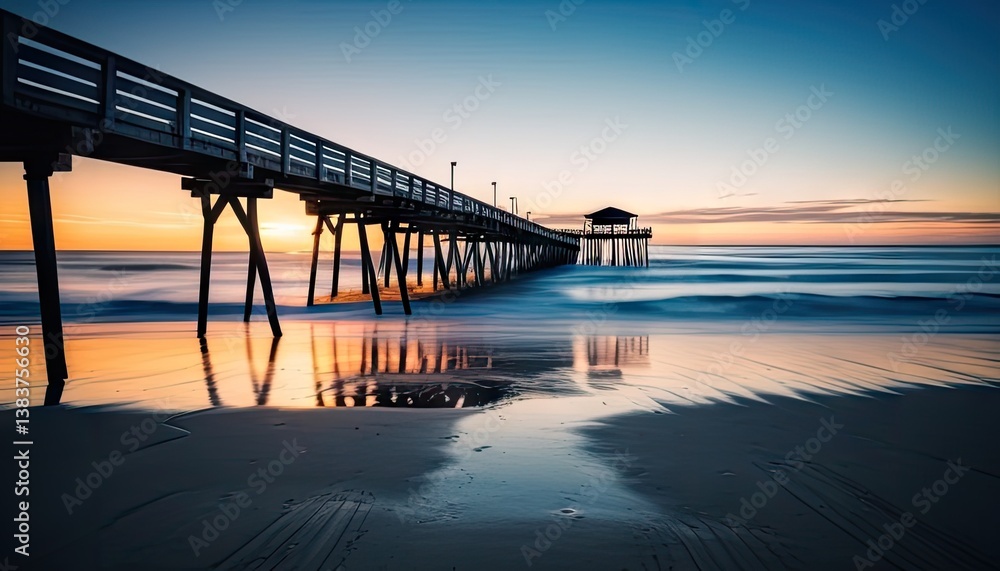 Sunrise pier reflection on beach. Waves blur. Ocean background, light posts, clear skies Sunrise pier reflection on beach. Waves blur. Ocean background, light posts, clear skies