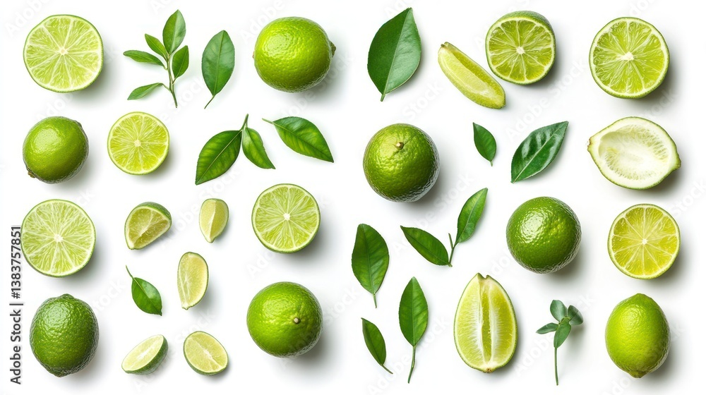 Fresh Lime Arrangement on White Background Featuring Halves and Leaves Fresh Lime Arrangement on White Background Featuring Halves and Leaves