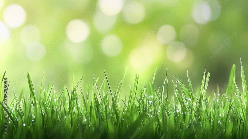 Obraz premium Morning dew on lush grass tranquil garden nature scene vibrant greenery close-up view freshness and serenity
