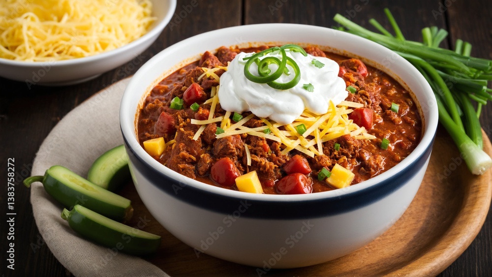Hearty chili bowl with toppings, a comforting classic meal served with cheese, cream, and fresh green onions. Hearty chili bowl with toppings, a comforting classic meal served with cheese, cream, and fresh green onions.