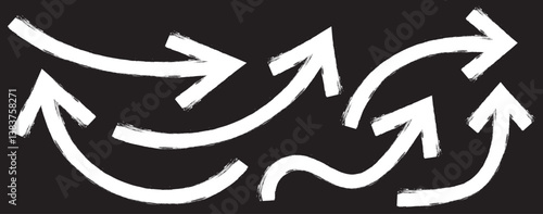 White Bold brush drawn arrows. Set of White Hand drawn vector arrows doodle. Hand drawn White grunge bent arrow pointing upwards, bold brush stroke. White hand drawn brush arrow icon vector set.