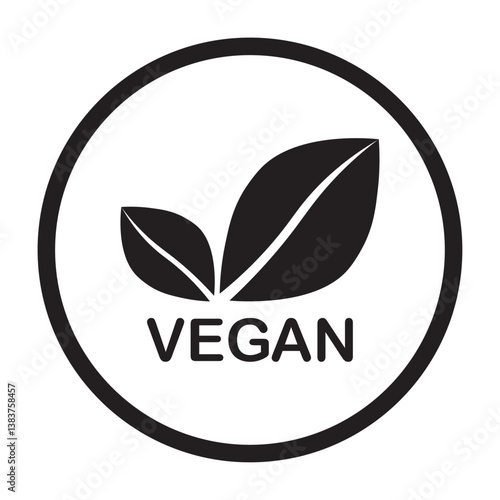 Vegan black vector icon. Organic, bio, eco symbol. Vegan, no meat, lactose free, healthy, fresh and nonviolent food. Round black vector illustration with leaves for stickers, labels, web and logos.