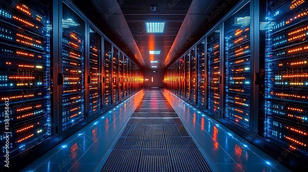 Fototapeta premium A futuristic blockchain data center with glowing quantum processors, surrounded by encrypted digital pathways, ultra-modern architecture, neon-lit atmosphere, cinematic lighting, dynamic angle