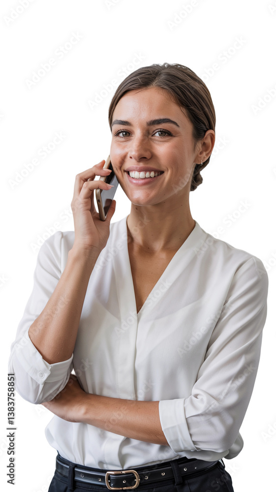 Professional woman talking on the phone while smiling in a bright office setting, showcasing confidence and approachability Professional woman talking on the phone while smiling in a bright office setting, showcasing confidence and approachability