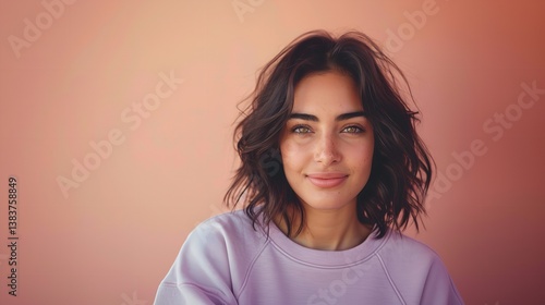 On a peach background, a stunning, happy, and dark-haired Arabic woman is shown wearing a light purple sweatshirt, Generative Ai.