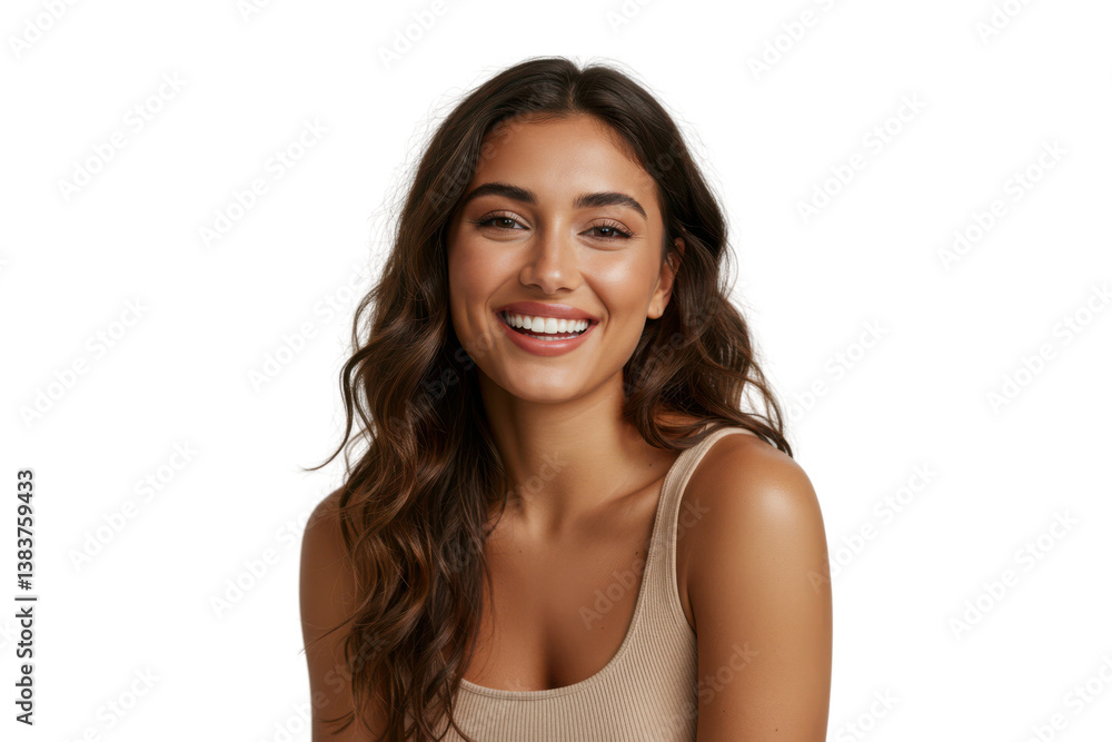 Young woman with long hair smiling radiantly against transparent background Young woman with long hair smiling radiantly against transparent background
