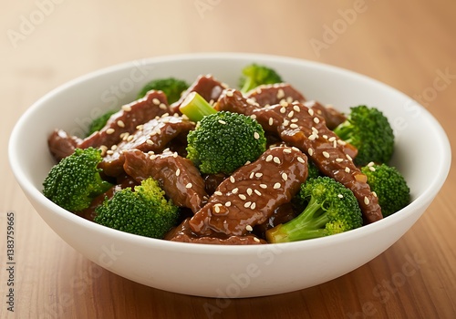A savory bowl of tender beef and broccoli stir-fry, glistening with a rich brown sauce and sprinkled with sesame seeds, a simple yet satisfying meal.