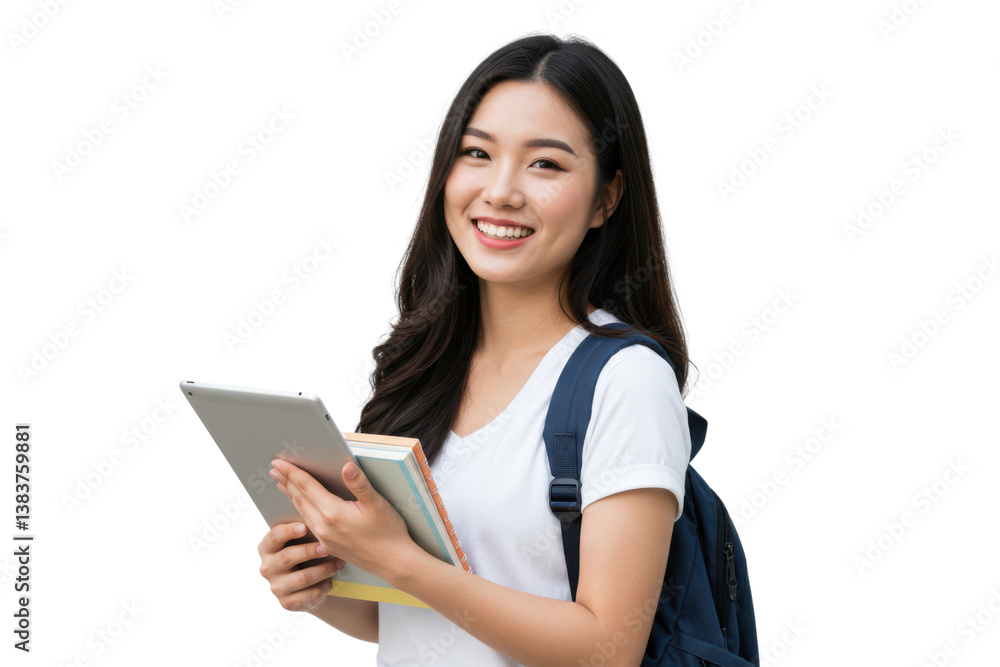 Smiling student holding a tablet and books against transparent background Smiling student holding a tablet and books against transparent background